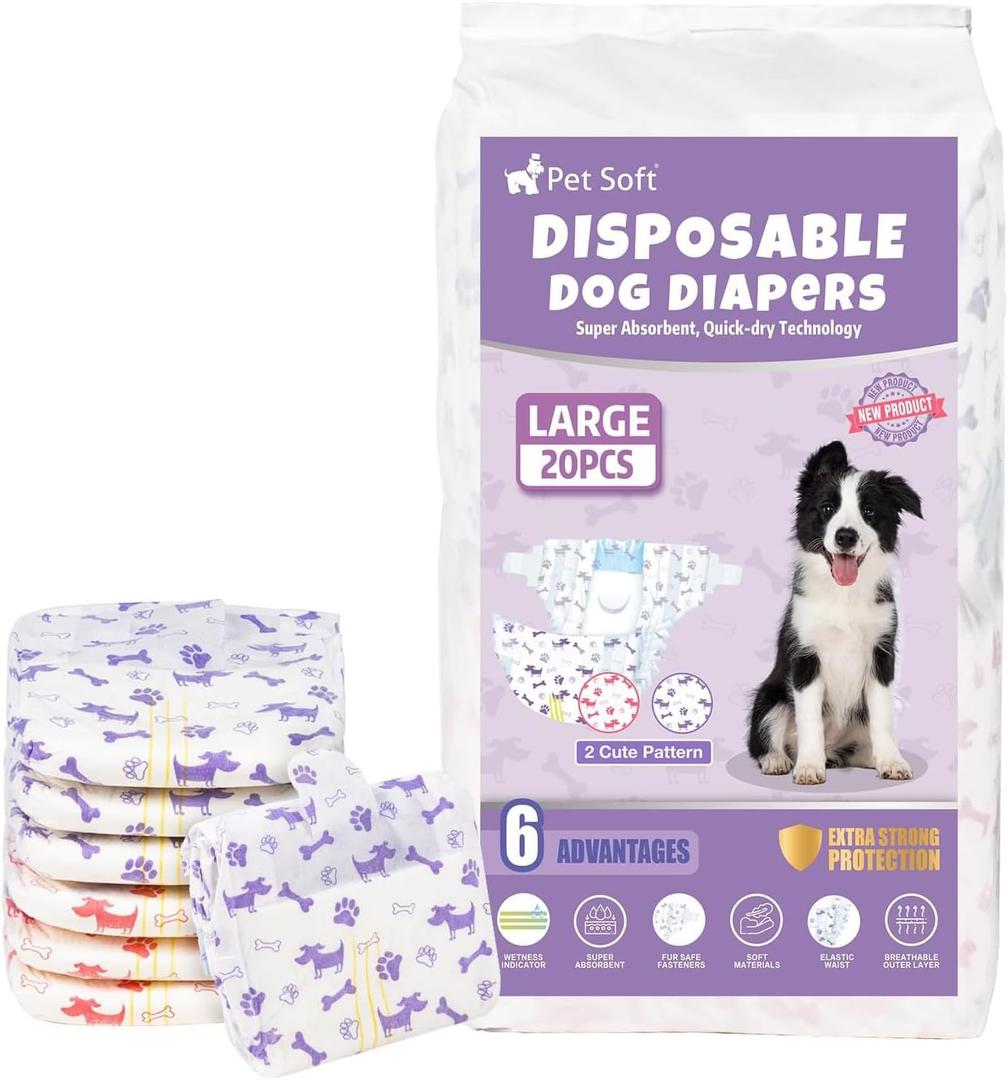 Pet Soft Female Dog Diapers - Disposable Doggie Diapers with Wetness Indicator, Puppy & Cat Diaper Super Absorbent, Fit for Female Dog in Heat or Incontinence, 20pcs (L, Mixed)