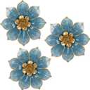 Metal Flowers Wall Decor Blue and Gold Wall Art Hanging Decorations 3 Pc Rustic Modern Floral Sculpture Wall Accent Artwork Indoor Outdoor for Bathroom Bedroom Living Room Garden Patio Porch 10 Inch