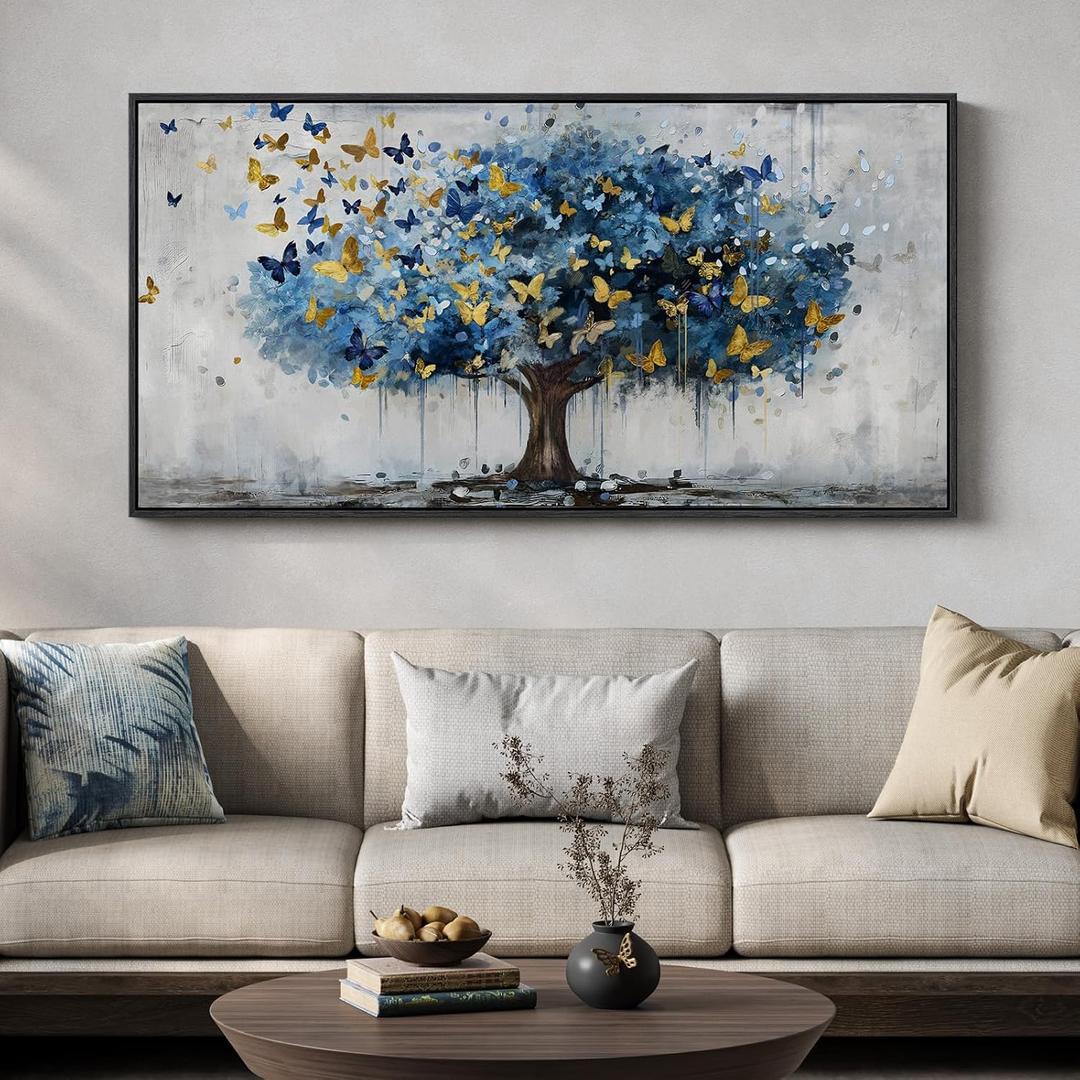 Large Framed Modern Tree of Life Wall Art, Navy Blue Canvas Abstract Prints Paintings Artwork, Big Tree and Butterflies Pictures Home Decor for Living Room Bedroom Hallway 57x28.5 Inch