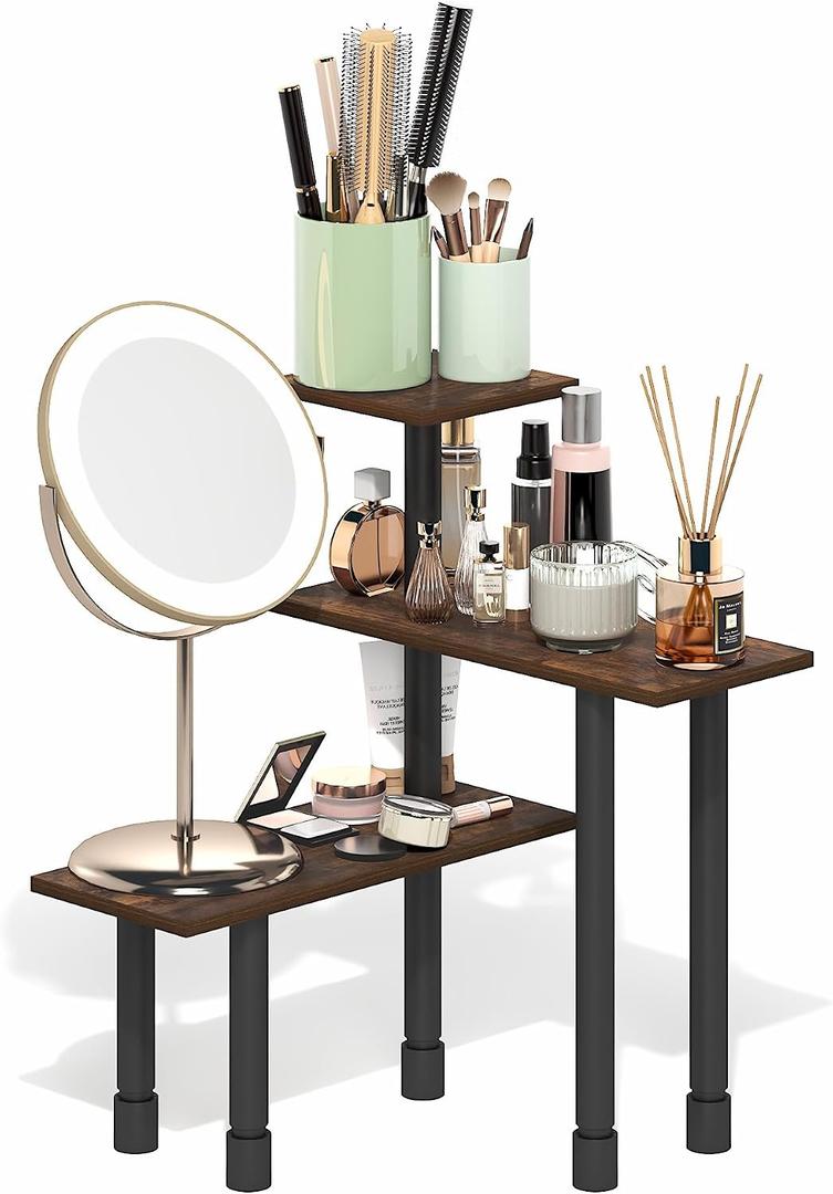 Furinno Turn-N-Tube Corner Shelf, 3-Tier Countertop Corner Organizer, Toolless Pantry Organizers and Accessories, Adjustable Table Top Shelf, for Vanity, Small Spaces, Kitchen, Bathroom, Amber Pine