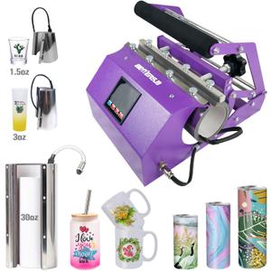 BetterSub 3in1 Tumbler Mug Heat Press Machine 30 OZ 20 OZ 16 OZ Sublimation Straight Skinny Tumbler Mug 3 OZ 1.5 OZ Shot Glass,11 OZ 15 OZ 16 OZ Sublimation Mug Heat Transfer (3in1 Purple)