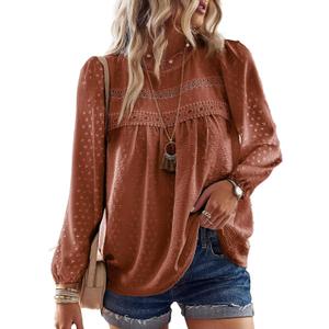 Falechay Boho Tops for Women Long Sleeve Shirts Crewneck Flowy Womens Blouses Dressy Casual Lace Hem Clothing Trendy 2026 (X-Small, Orange)