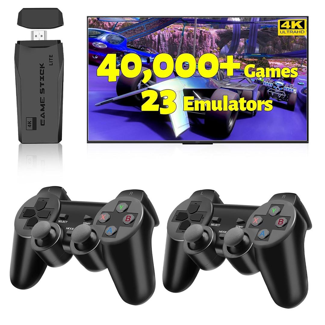 Wireless Retro Game Console Stick,4K HDMI Output & Dual 2.4G Wireless Controllers with 20000+ Games,Plug & Play Video Game Console,Ideal Gift for Gamers of All Age(64GB)(Black)