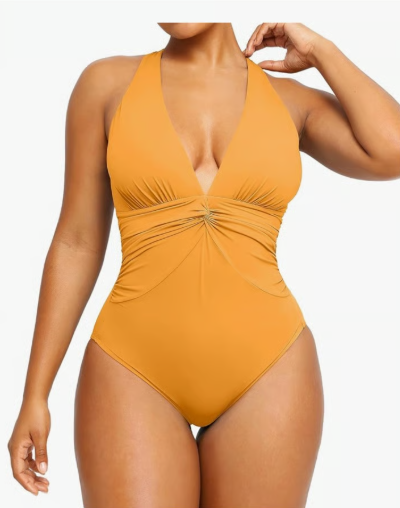 SHAPELLX Tummy Control Swimsuits Women V Neck One Piece Bathing Suit Ruched Push Up Slimming Swimwear Built-in Bra, Size L