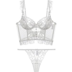 SOLY HUX Women's Lace Lingerie Set Sheer Underwire Bra and Thong Panty Sets Pure White Small