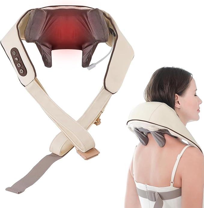 Neck and Shoulder Massager Shiatsu with Deep Kneading and Heat, Cordless Relaxing Muscle Massage, Beige