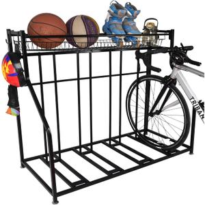 4 Bike Rack Garage,4 Bike Stand for Garage,4 Bike Storage Rack,With storage basket adjustable hooks black metal bike stand floor for most 3"- 4" tyres bikes (4 Grids)