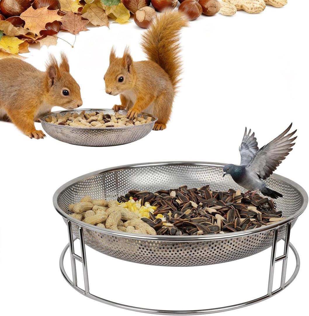 13-Inch Ground Bird Feeder, Stainless Steel Ground Feeding Platform for Wild Birds, Squirrels, Rabbits, Chicken with Additional Birdseed Feeder Tray, Attract Creatures for Backyard, Patio