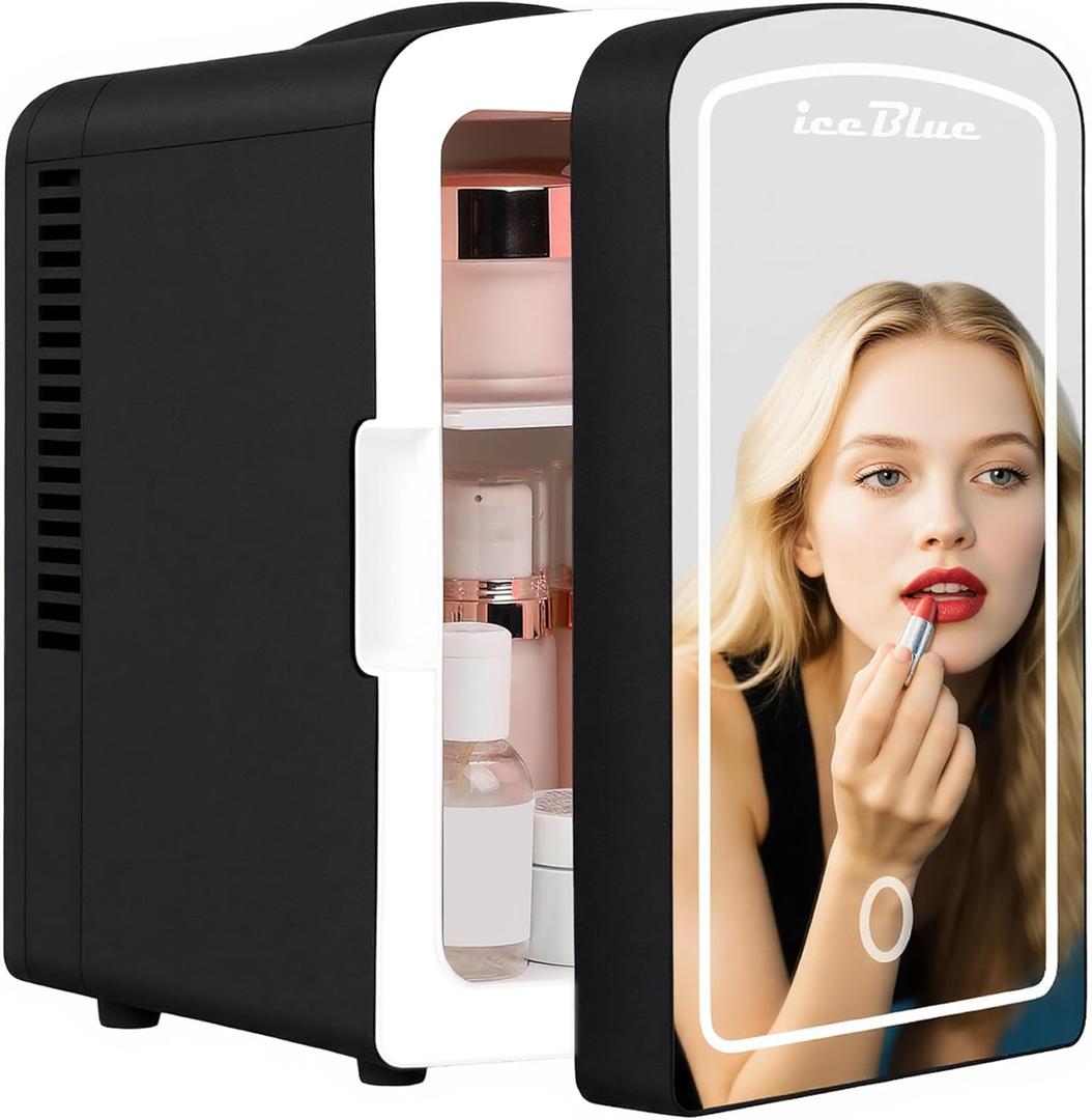 Iceblue Mini Fridge, Skincare Fridge with Dimmable LED Light Mirror, 4 Liter /6 Cans Small Refrigerator for Beauty & Beverages,Mini Fridge for Bedroom, Car, Office & Dorm, Gift (Black)