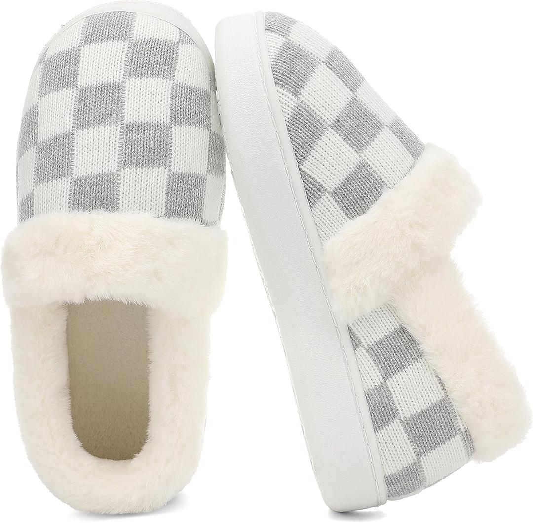 UBFEN Womens Fuzzy House Slippers Warm Bedroom Shoes with Faux Fur Lining Non Slip Memory Foam Slippers for ladies Indoor and Outdoor (7-8, Y-grey/Closed Back)