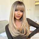 HAIRCUBE Long Blonde Wigs for Women Straight Synthetic Layered Wig with Bangs and Dark Roots
