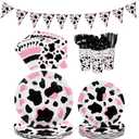 durony 198 Pieces Pink Cow Print Party Tableware Supplies Including Cowgirl Pink Cow Party Plates Spoons Forks Knife Cups Napkins Serves for 28 Banner and Tablecloths for Cow Theme Party Decorations