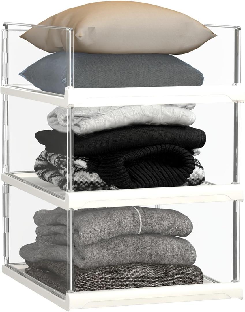 3 Pack Stackable Closet Organizers and Storage Shelves - Transparent Sweater Organizer for Closet, Bathroom, Kitchen, Cupboard, Laundry Room, and Office, Transparent