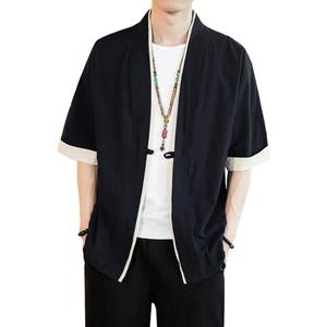 HAORUN Men Japanese Short-Sleeved Kimono Cardigan Yukata Coat Loose Cardigan Jacket Top (Large, Black)