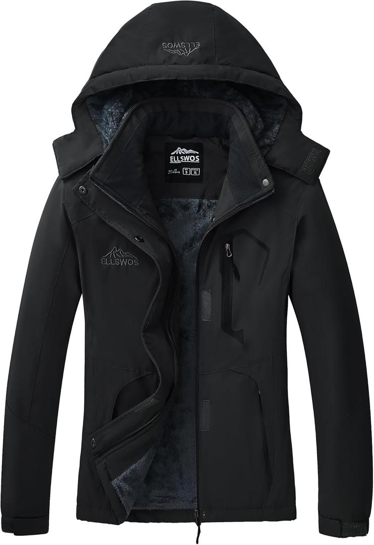 ELLSWOS Womens Winter Coats Waterproof Ski Jacket Warm Snow Jackets Windproof Windbreaker Hooded Raincoat (XX-Large, Black)