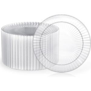FOCUSLINE 90 Count Clear Plastic Plates 10 Inch, Disposable Dinner Plates- Premium Hard Plastic Plate Fancy Disposable Clear Plate for Weddings, Parties and Events