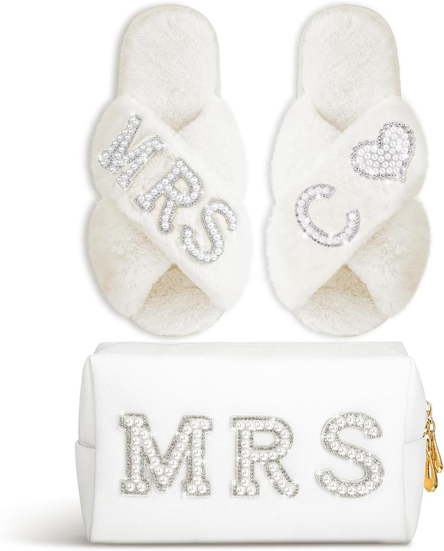 Xtinmee Personalized Initial Wedding Bride Slippers MRS Pearl Letter Makeup Bag Bridal Shower Gifts for Wedding Day (C)