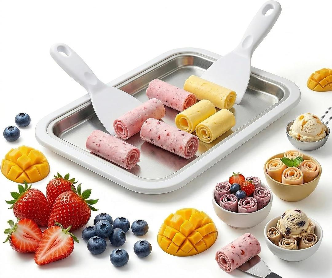 Instant Ice Cream Maker, Rolled Ice Cream Maker, Soft Serve Ice Cream Maker Perfect for Ice Cream, Frozen Yogurt & More! Food-Grade Stainless Steel Ice Cream Roll Machine for Home Use (White)