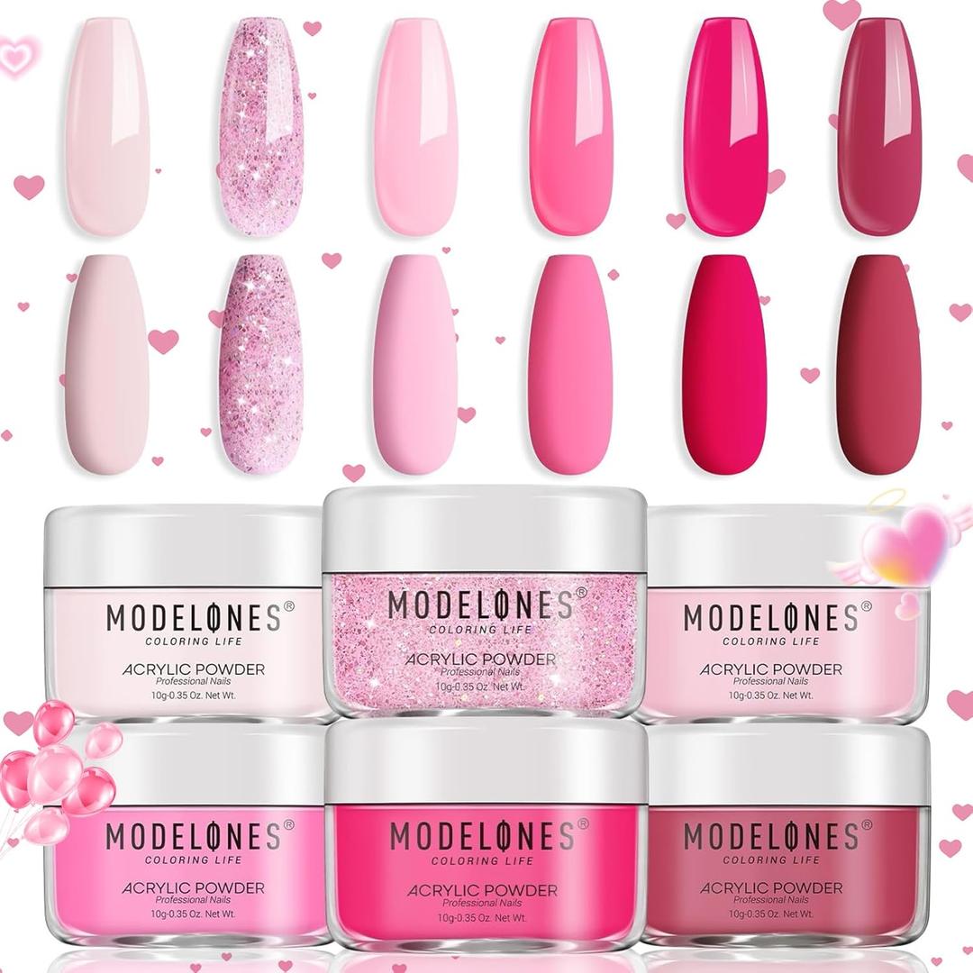 Modelones Pink Acrylic Powder 6 Colors Acrylic Nail Powder Kit Neon Glitter Summer Acrylic Nail Powder Valentines Day Gifts Acrylic Cover Powder for Nail Art Extension No Nail Lamp Needed (A3-LoveStruck Blush)