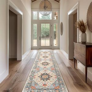 Area Rugs 2'x10' Washable Non-Slip, Floral Vintage Distress Print Pattern Medallion Carpet for Living Room Bedroom Dining Room, Beige Navy Blue Orange Colorful