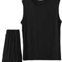Men's Soft 2 Piece Outfits Shorts Sets Tracksuit Thin Tank Tops Casual Comfy Summer Lounge Cool Boxer (Small, Black)