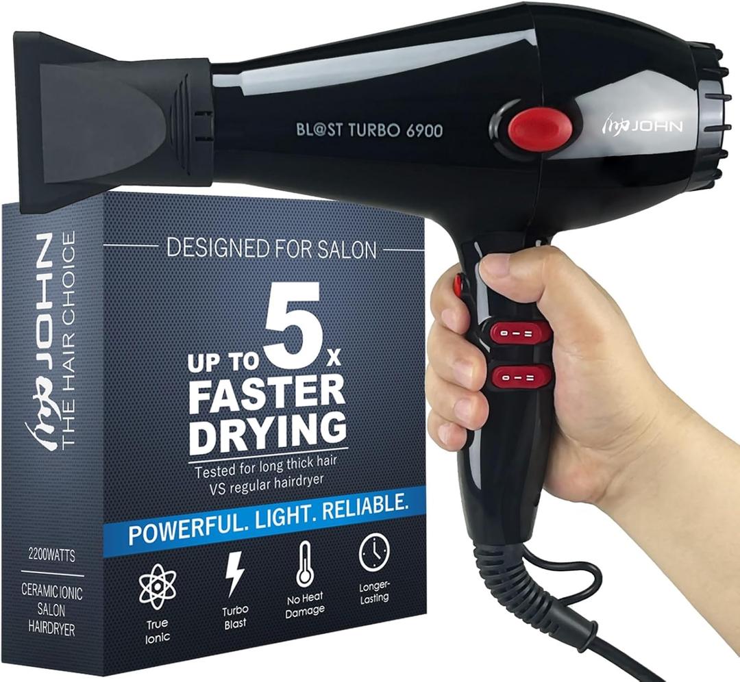 JOHN Professional Hair Blow Dryer, Fast Drying, Powerful 2200W, Ionic for No Damage to Hair, Blast Turbo 6900, Black