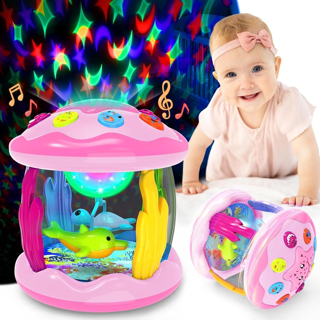 Baby Toys 6-12 Months Musical Light Up Rotating Toys, Pink Ocean Projector for Infant 91218 Month, Learning Visual & Hearing & Crawling Skill, Birthday Gifts for Toddler Boys Girls 1 2 3 Years Old