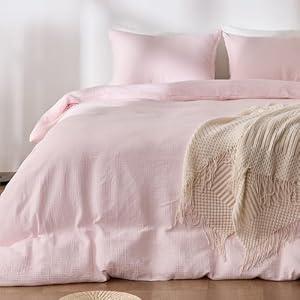 RENEWROOTS Pink Twin Duvet Cover, 100% Sandwashed Cotton Soft Twin Size Duvet Cover Set 3 Pieces with Zipper Clousre & Corner Buttons (Pink, Twin 69 x 90)