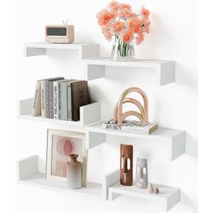 White Floating Shelves for Wall - Set of 6 Wall Shelves Set for Bedroom & Living Room - Modern Display Wood Shelves for Kitchen, Bathroom, Office & Home Decor