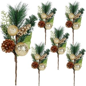 DR.DUDU Christmas Tree Ornaments 6 Pcs 12'' Gold Picks and Sprays with Brown Pine Cone Green Poinsettia Leaf, Artificial Berry Branches Stems Decorations DIY Crafts for Vase Filler Wreath Decor (Gold)