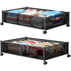 Under Bed Storage with Wheels, Foldable Metal Mesh Underbed Storage Container Bins, Tool-free Assembly Clothes Drawer Organizer, 2Pack (Black)