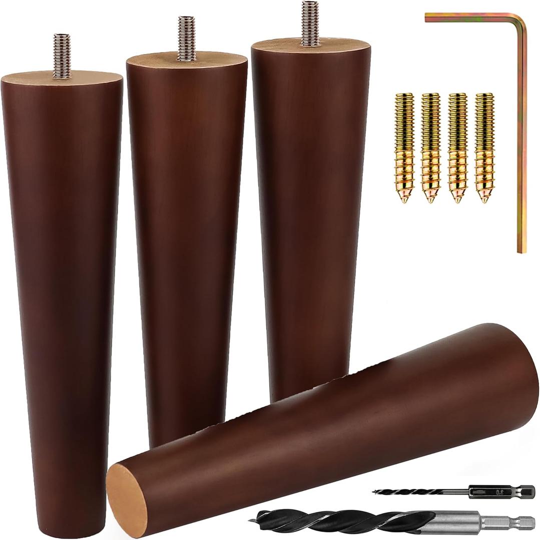 Brown Round Furniture Legs - Premium Mid Century Legs for Sofa, Chair, Table, Dresser, Bed, Cabinet, Ottoman - Our Wooden Legs Are Easy To Install & Include Installation Hardware - Set of 4, 8 Inches