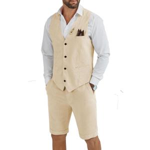 Men's Linen 2 Piece Suit Slim Fit Wedding Groom Groomsmen Summer Vest Shorts Set (Large, Champagne)