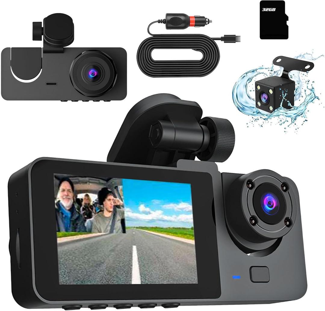 3 Channel Dash Cam Front and Rear - 1080P Dash Cam Front and Inside with Night Vision, Motion Detection, Parking Monitor - Includes 32GB MMC Card for G-Sensor Protection and Loop Recording