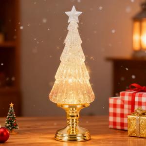 Christmas Tree Snow Globe Lantern Warm Light with 6H Timer Water Snow Globe Lantern USB & Battery Operated for Christmas Festival Decorations Gifts (Gold Tree)