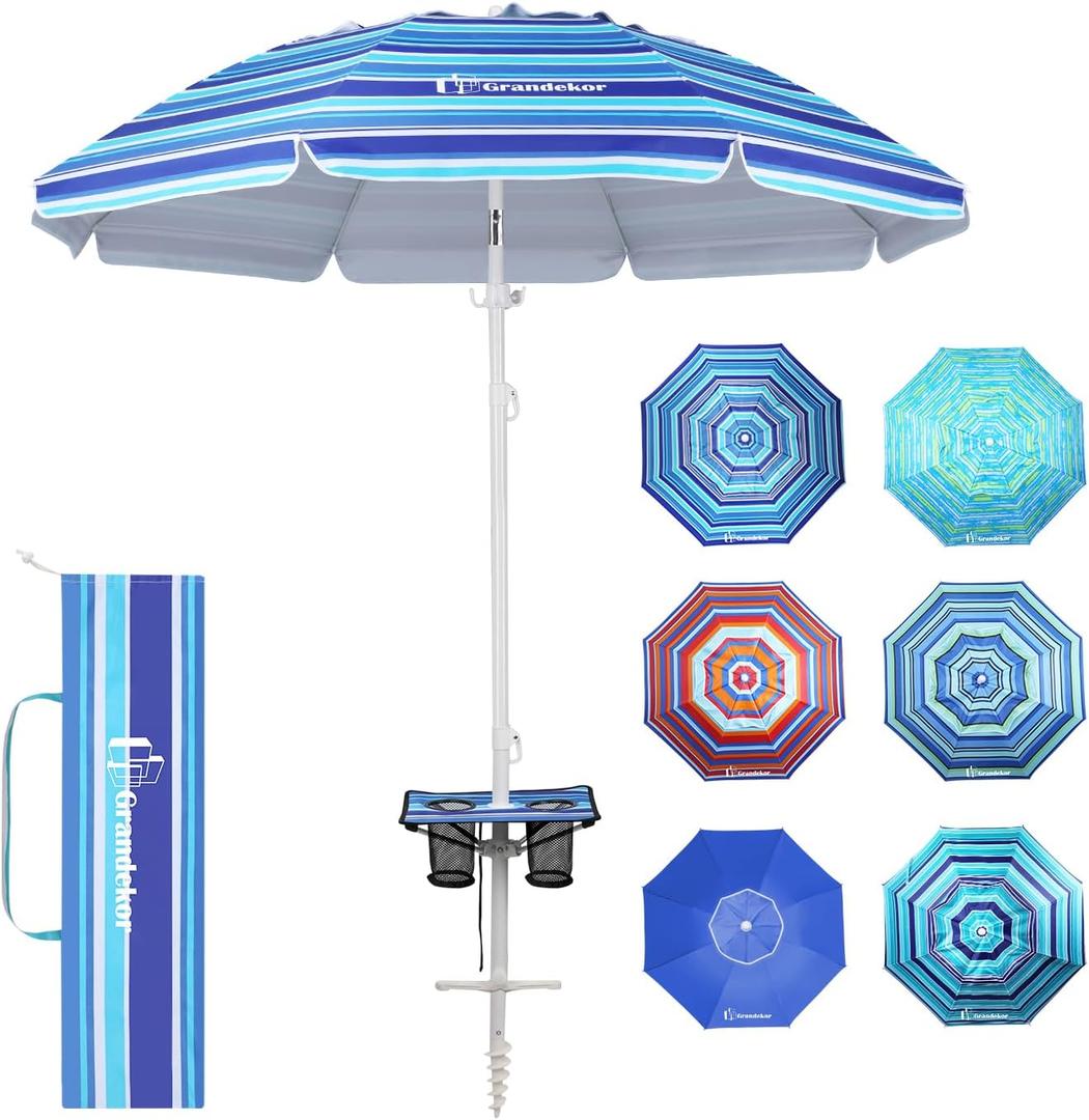Grandekor 7FT Beach Umbrellas for Sand Heavy Duty Wind Portable Beach Umbrella with Table Travel Beach Umbrella with Carry Bag Sun Umbrella Beach, UV 50+ (Blue&White)