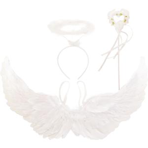 26x14 inch Angel Feather Wing Halo and Wand Costume Set for Girls Cosplay Kids Women Halloween Party Favor (White)