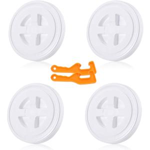4 Pieces 5 Gallon Bucket Lid with Bucket Lid Opener,Plastic Storage Bucket Leak-Proof Screw Seal Lids,Pet Food Storage Container Lid for Home Paint Storage Buckets (White)