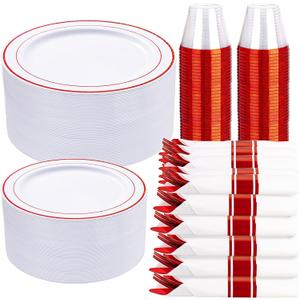 WELLIFE 700 Pieces Red Plastic Plates - Disposable Silverware and Cups, Include: 100 Dinner Plates 10.25, 100 Dessert Plates 7.5, 100 Red Cups 9 OZ, 100 Plastic Cutlery
