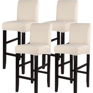 SearchI Jacquard Bar Stool Covers Set of 4, Stretch Washable Barstool Seat Covers, Counter Height Chair Covers for Kitchen Dining Room Cafe (Check Jaquard Beige)