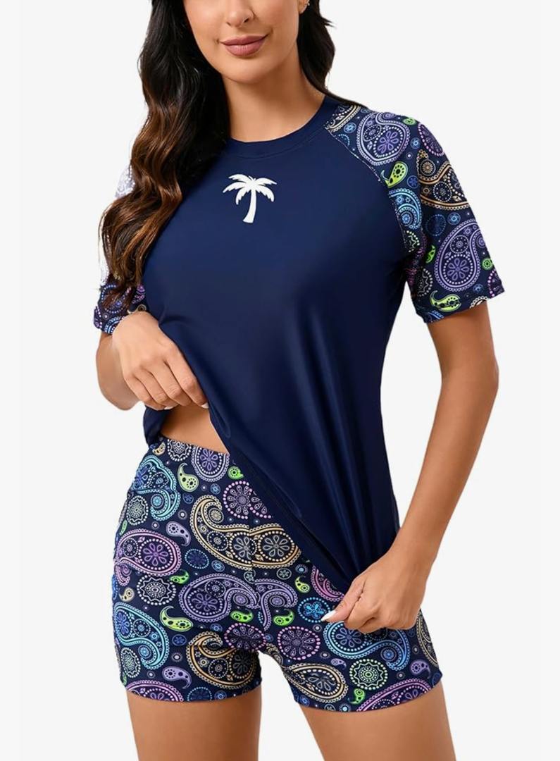 Halcurt Women's Built in Bra Rash Guard UPF 50 Two Piece Swimsuit Shirt and Board Shorts M