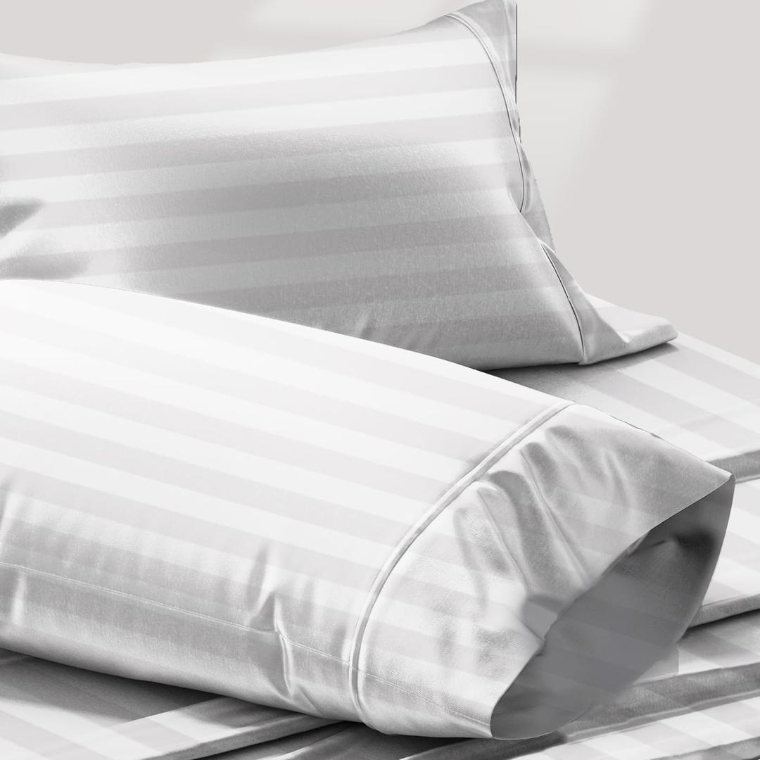 Texas Linen Co. 100% Egyptian Cotton Pillow Cases King Size Set of 2 - Luxury 1200 Thread Count Sateen Weave White Stripe Pillow Cases, 5 Star Hotel-Quality Pillowcases, Fits King Size Pillows