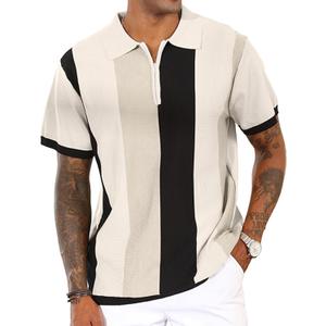 Men's Fashion Polo Shirts Vintage Striped Knitting Shirts Casual Slim Fit Golf Shirts (Large, White)