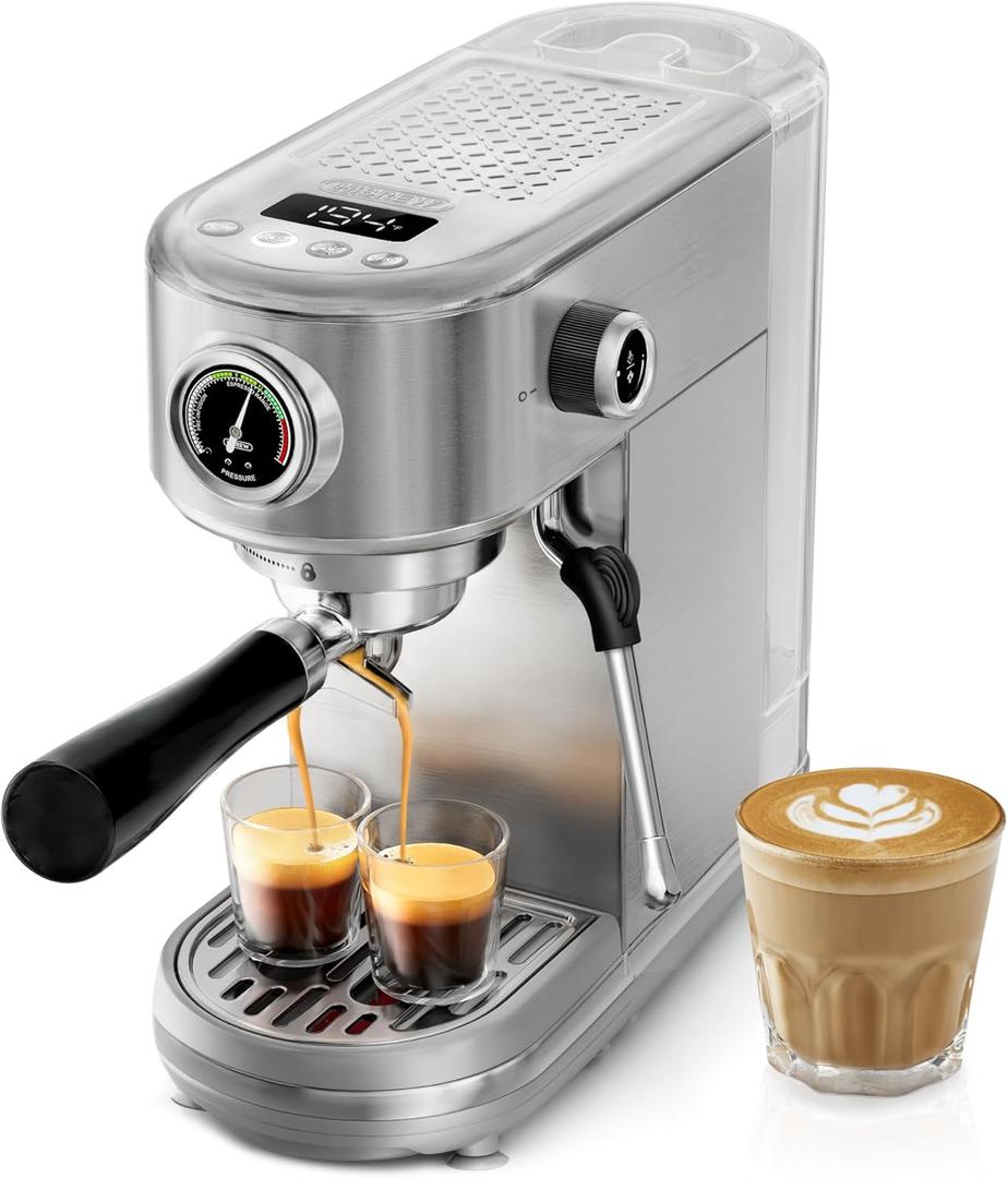HIBREW H10B - 51mm Espresso Machine - Temperature & Cup Volume Adjustable at will - With Intelligent Display Screen & Pressure Gauge - Stainless Steel Body (Silver)