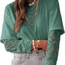 Acelitt Women's Mesh Long Sleeve Tops Crewneck Lace Blouse Shirts, S-XXL (Blue)