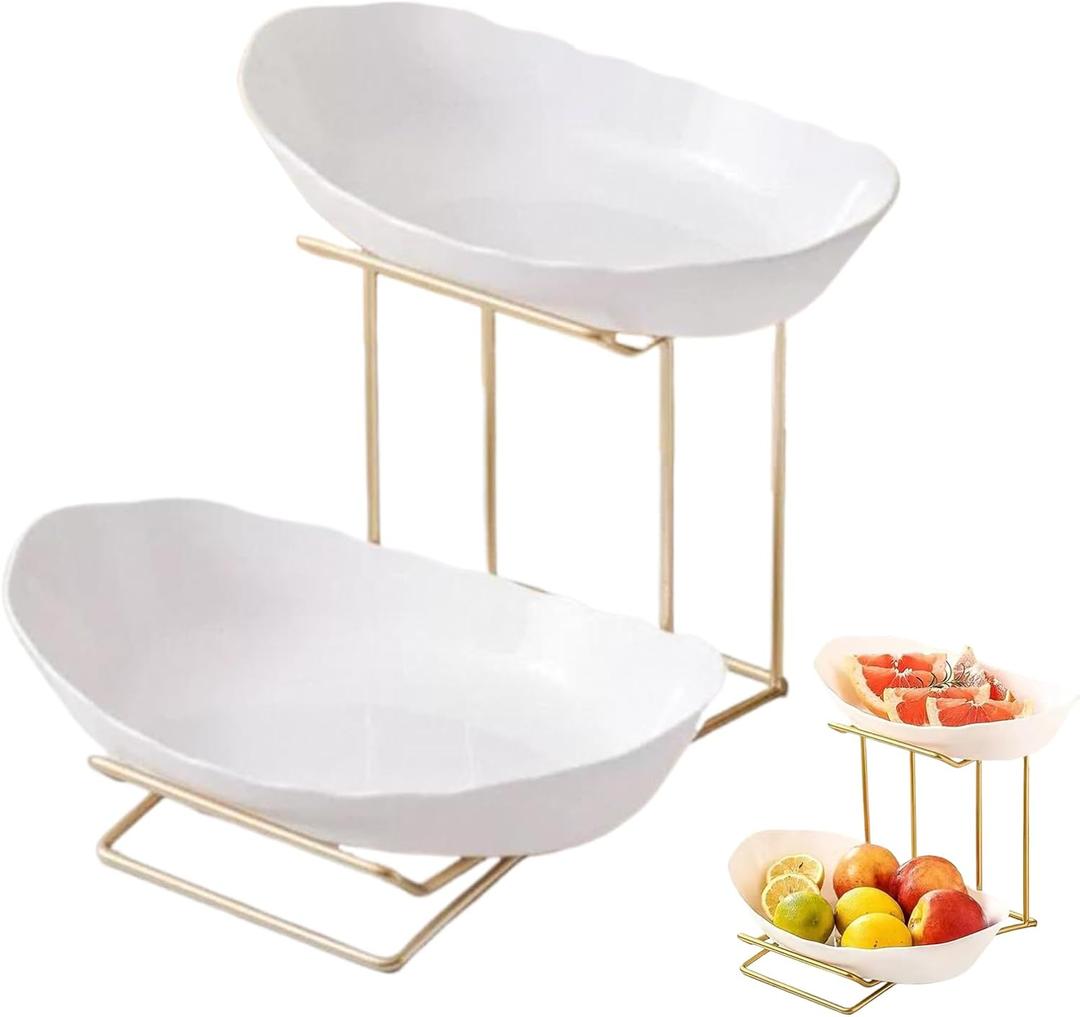 2 Tier Plastics Fruit Bowl for Kitchen CounterTiered Fruit Basket for countertopSnack PlateGold Metal Rust PreventionParty, Family, Birthday,Fully Welded Firmly (Gold&White)