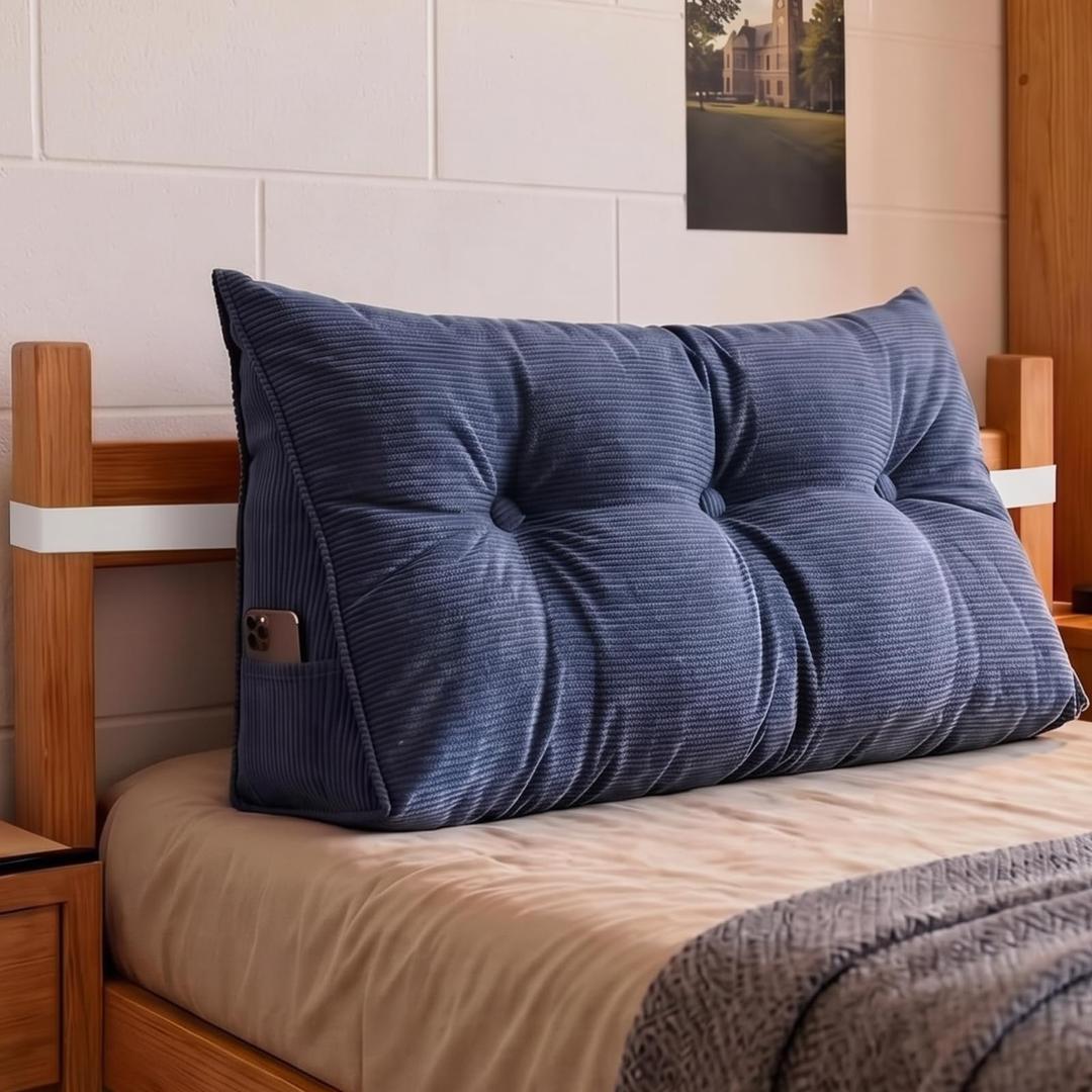 Wesiti Triangular Headboard Wedge Pillow Twin Dorm Bed Backrest, Dark Blue