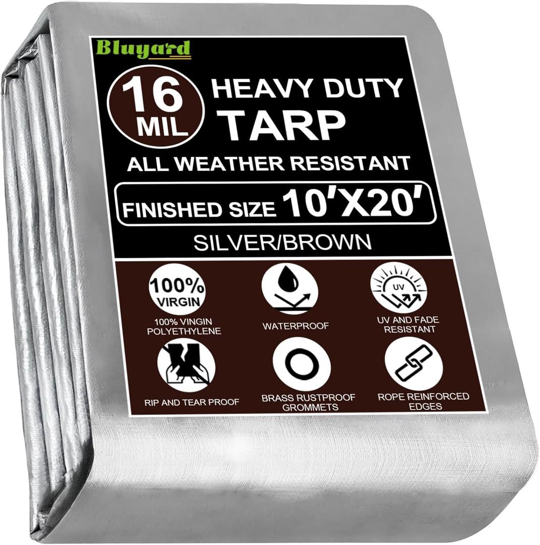 Tarp Waterproof 10x20 Ft Heavy Duty Tarp Thicker 16 Mil Large Tarps with Brass Grommets and Reinforced Edges, UV&Fade Resistant Tear Resistant Plastic Tarp for Outdoor Camping Roof Pool Tent (Silver/Brown)
