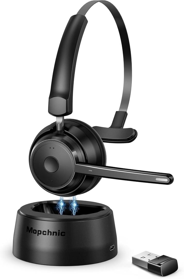 Mopchnic Bluetooth Headset, Wireless Headset with AI Noise-Canceling Microphone, On Ear Wireless Headset with USB Dongle for Work from Home Computer Office