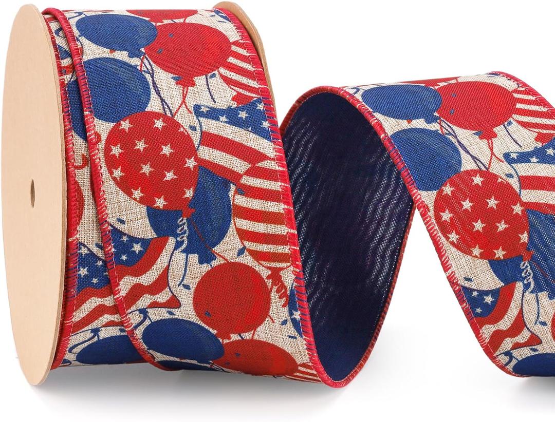 LaRibbons Patriotic Ribbon Wired, 4th of July Reversible Celebration Balloons and Navy Ribbon 2.5 Inch x 12 Yards Continuous for Independence Memorial Day Gift Wrapping DIY Crafts